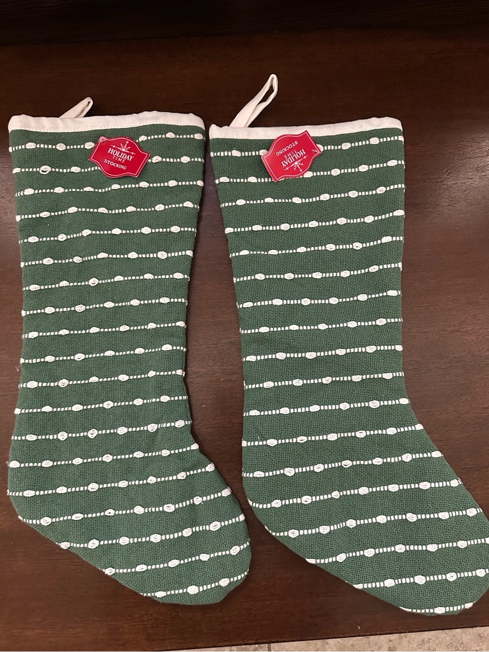 Holiday Time Green and White Knit Christmas Stockings - Pair